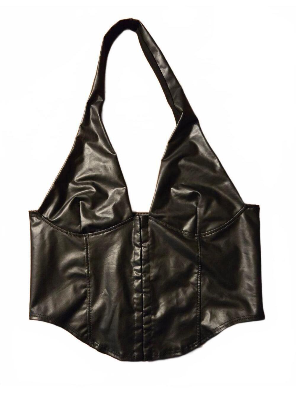 Tresser Black Faux Leather Halter Corset Top Large